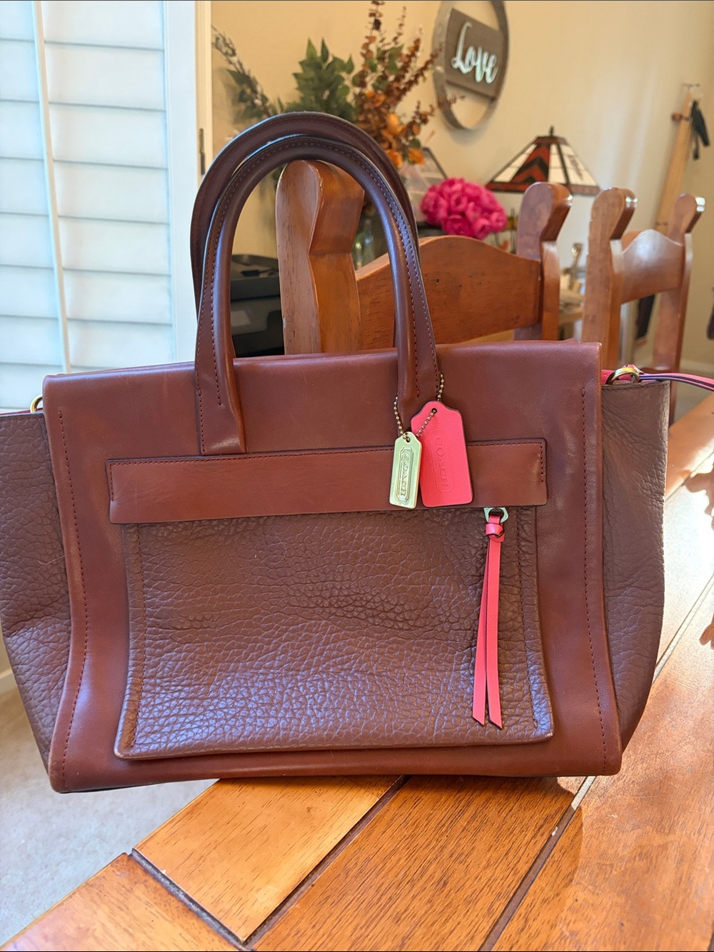 Coach Brown Leather Tote with Pink Tag & Tassel